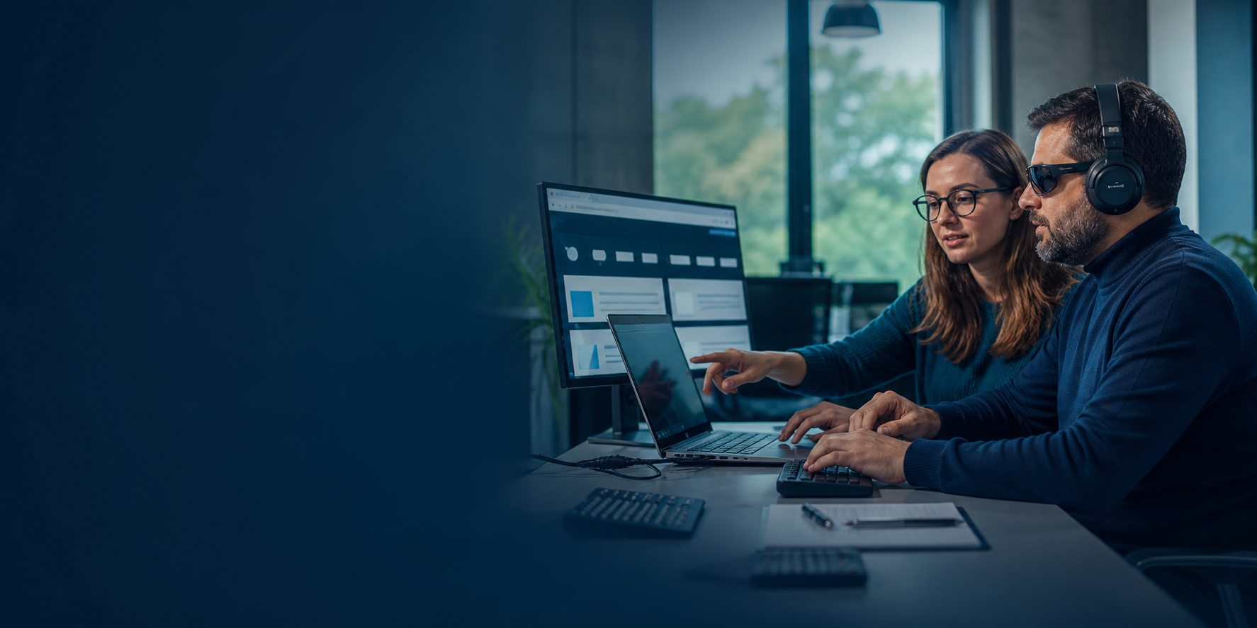 Due professionisti collaborano alla verifica di un’interfaccia digitale con tecnologie assistive